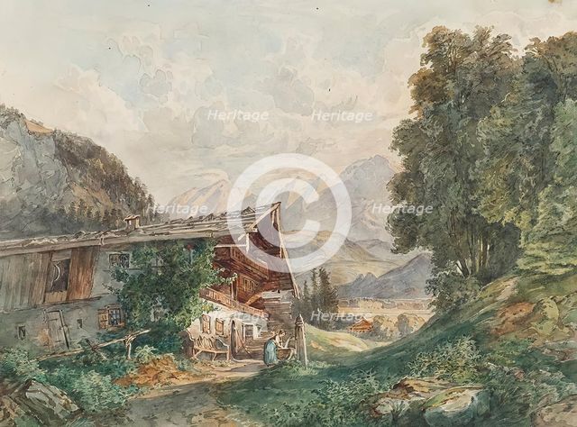 Alpine landscape with farmhouse and woman at the well, around 1860. Creator: Franz Barbarini.