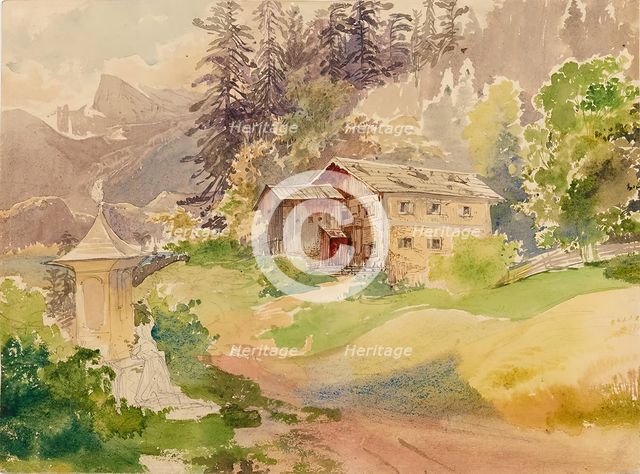 Alpine landscape with farmhouse and woman in front of Marterl, undated. (c1810s). Creator: Franz Steinfeld.