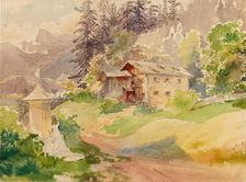 Alpine landscape with farmhouse and woman in front of Marterl, undated. (c1810s). Creator: Franz Steinfeld