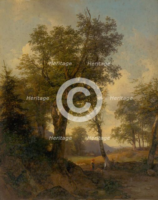 Alpine landscape with trees in the foreground, 1852. Creator: Joseph Hoger.