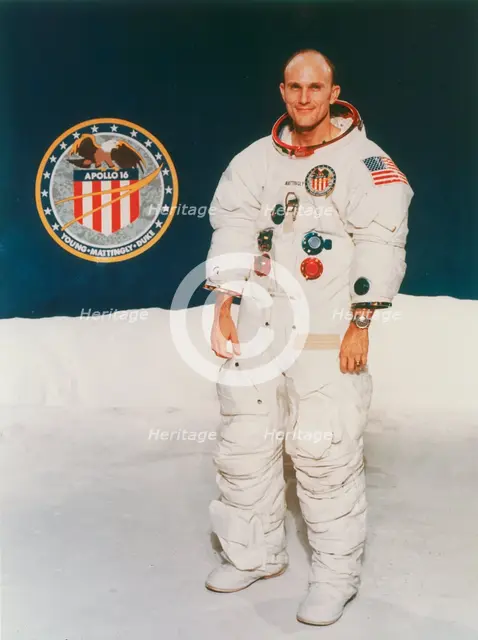 Apollo 16 astronaut Thomas Mattingly in spacesuit, 1971. Creator: Unknown.