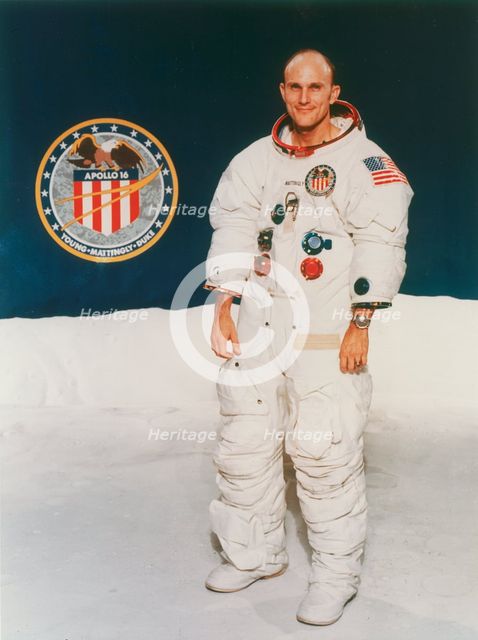 Apollo 16 astronaut Thomas Mattingly in spacesuit, 1971. Creator: Unknown.