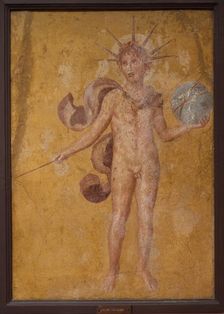 Apollo or Helios with sphere, from Pompeii, Casa dell'Argenteria, 2 H. of 1th cen. BC. Creator: Roman-Pompeian wall painting