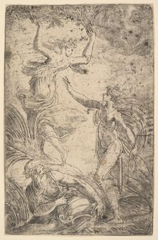 Apollo at right holding a bow chasing Daphne at the left, ca. 1538-40. Creator: Andrea Schiavone