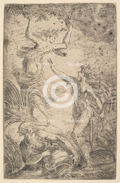 Apollo at right holding a bow chasing Daphne at the left, ca. 1538-40. Creator: Andrea Schiavone.