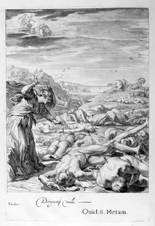 Apollo and Diana kill Niobe's Children with their arrows: she is turned to stone, 1655. Creator: Unknown