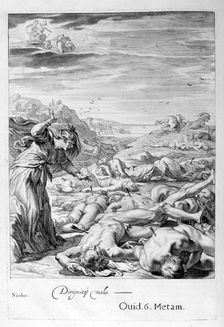 Apollo and Diana kill Niobe's Children with their arrows: she is turned to stone, 1655. Creator: Unknown