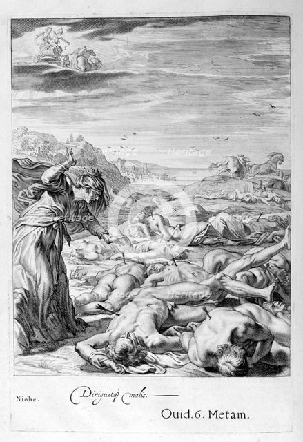 Apollo and Diana kill Niobe's Children with their arrows: she is turned to stone, 1655. Creator: Unknown.