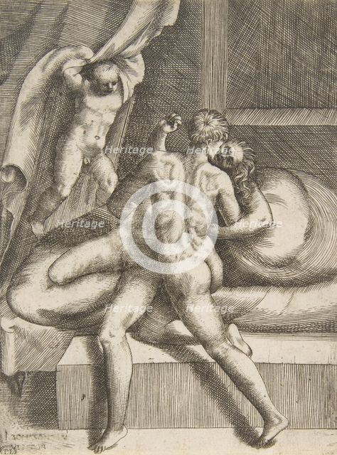 Apollo and Leucothea, from 'The Loves of the Gods', ca. 1531-76. Creator: Giulio Bonasone.