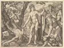 Apollo and Marsyas and the Judgment of Midas: at right Midas with the ears of an ass resti..., 1581. Creator: Melchior Meier