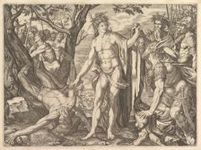 Apollo and Marsyas and the Judgment of Midas: at right Midas with the ears of an ass resti..., 1581. Creator: Melchior Meier