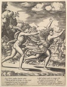 Apollo chasing Daphne who throws her arms up, in the background at right shows the mome..., 1530-60. Creator: Master of the Die