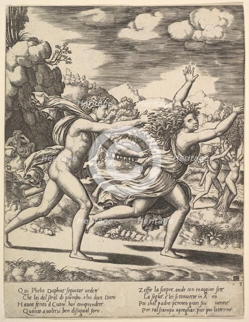 Apollo chasing Daphne who throws her arms up, in the background at right shows the mome..., 1530-60. Creator: Master of the Die.