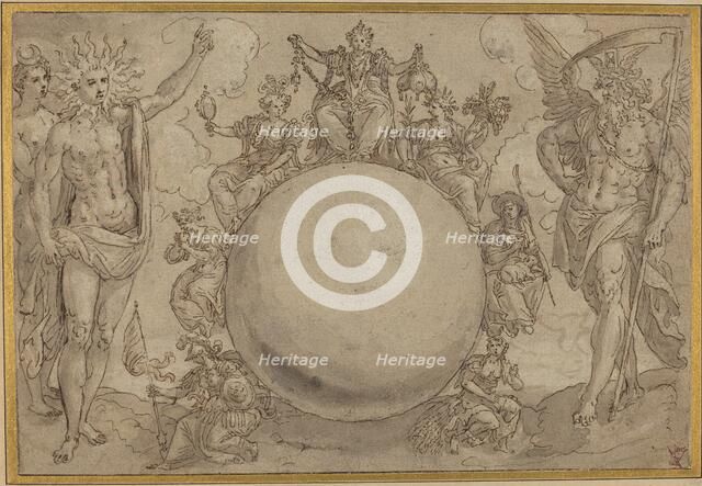 Apollo, Diana, and Time with the Cyclic Vicissitudes of Human Life, c. 1561. Creator: Martin de Vos.