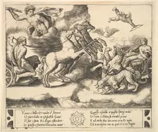 Apollo in his horse-drawn chariot at the left, above him above Jupiter hurls a thunderb..., 1530-60. Creator: Master of the Die