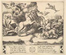 Apollo in his horse-drawn chariot at the left, above him above Jupiter hurls a thunderb..., 1530-60. Creator: Master of the Die