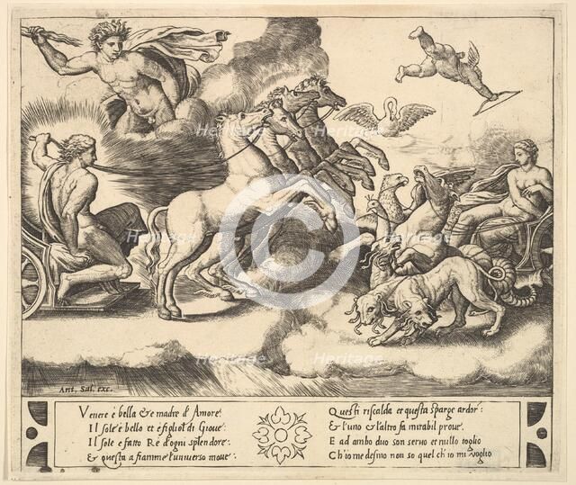 Apollo in his horse-drawn chariot at the left, above him above Jupiter hurls a thunderb..., 1530-60. Creator: Master of the Die.