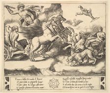 Apollo in his horse-drawn chariot at the left, above him above Jupiter hurls a thunderb..., 1530-60. Creator: Master of the Die