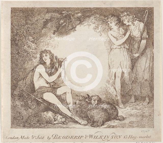 Apollo, Lyra and Daphne (Trade card illustrating "Marian, an Opera"), 1797-99., 1797-99. Creator: Thomas Rowlandson.
