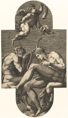 Apollo, Pan, and a putto blowing a horn, from a series of eight compositions after France..., 1560s. Creator: Giorgio Ghisi
