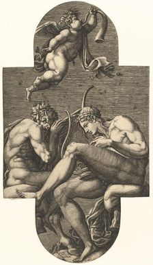 Apollo, Pan, and a putto blowing a horn, from a series of eight compositions after France..., 1560s. Creator: Giorgio Ghisi