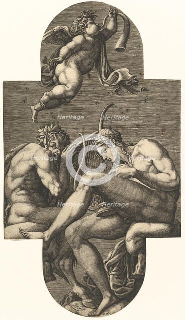 Apollo, Pan, and a putto blowing a horn, from a series of eight compositions after France..., 1560s. Creator: Giorgio Ghisi.