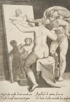 Apollo standing a beside a woman representing an allegory of painting, from The Loves ..., 1531-60. Creator: Giulio Bonasone