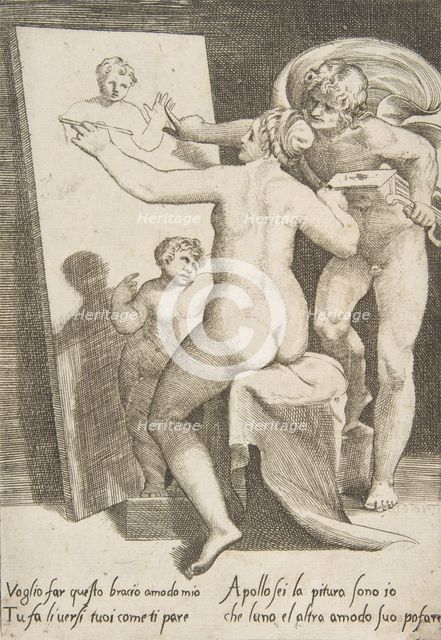 Apollo standing a beside a woman representing an allegory of painting, from 'The Loves ..., 1531-60. Creator: Giulio Bonasone.