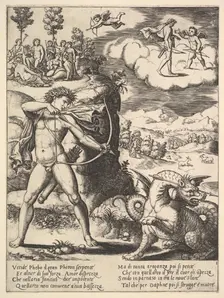 Apollo standing at left shooting a python with an arrow, above to the left are the muse..., 1530-60. Creator: Master of the Die