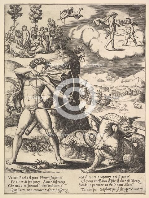 Apollo standing at left shooting a python with an arrow, above to the left are the muse..., 1530-60. Creator: Master of the Die.