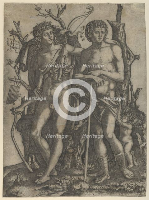 Apollo standing at the left, his hand resting on the shoulder of Hyacinthus, Cupid in the ..., 1506. Creator: Marcantonio Raimondi.