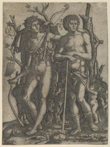 Apollo standing at the left, his hand resting on the shoulder of Hyacinthus, Cupid in the ..., 1506. Creator: Marcantonio Raimondi