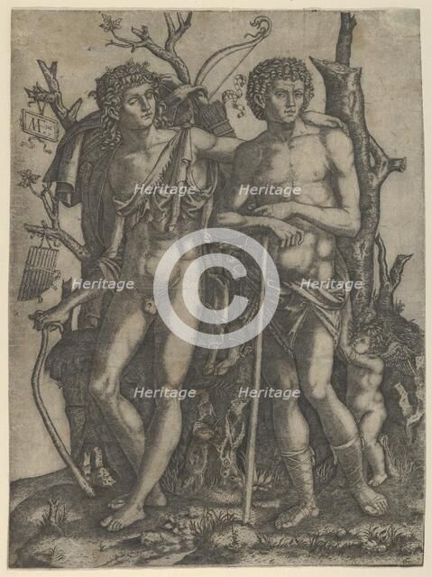 Apollo standing at the left, his hand resting on the shoulder of Hyacinthus, Cupid in the ..., 1506. Creator: Marcantonio Raimondi.
