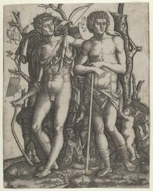 Apollo standing at the left, his hand resting on the shoulder of Hyacinthus, Cupid in the ..., 1506. Creator: Marcantonio Raimondi