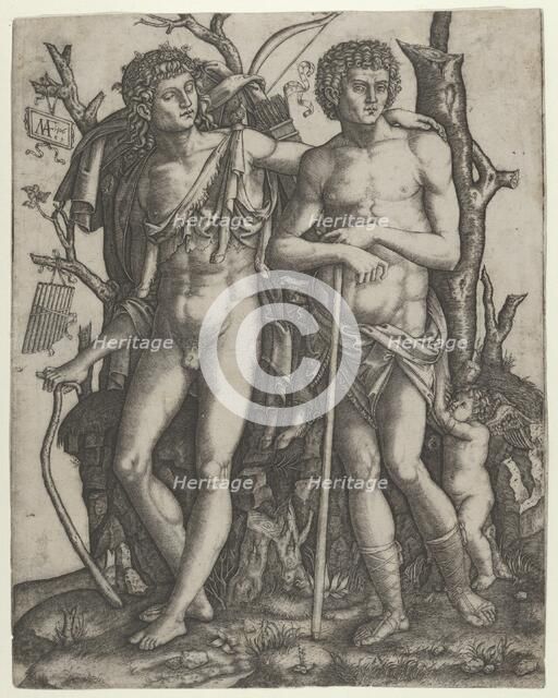 Apollo standing at the left, his hand resting on the shoulder of Hyacinthus, Cupid in the ..., 1506. Creator: Marcantonio Raimondi.