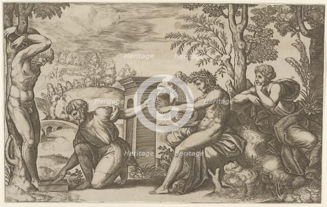 Apollo seated at the right with a lyre, pointing to a kneeling man who is about to flay..., 1530-60. Creator: Master of the Die.