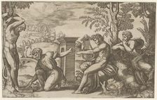 Apollo seated at the right with a lyre, pointing to a kneeling man who is about to flay..., 1530-60. Creator: Master of the Die