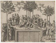 Apollo sitting on Parnassus surrounded by the muses and famous poets, ca. 1517-20.. Creator: Marcantonio Raimondi
