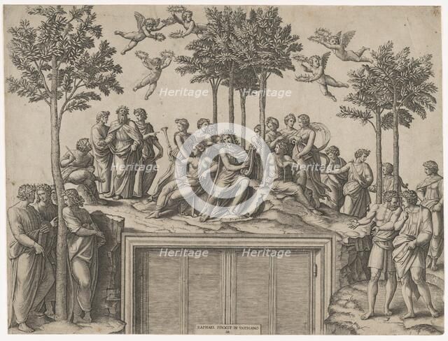 Apollo sitting on Parnassus surrounded by the muses and famous poets, ca. 1517-20.. Creator: Marcantonio Raimondi.