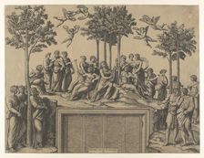 Apollo sitting on Parnassus surrounded by the muses and famous poets, ca. 1517-20., ca. 1517-20. Creator: Marcantonio Raimondi