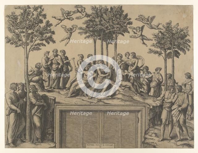 Apollo sitting on Parnassus surrounded by the muses and famous poets, ca. 1517-20., ca. 1517-20. Creator: Marcantonio Raimondi.