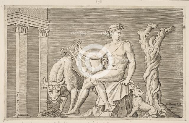 Apollo tending the flocks of Admetus, Apollo seated holding a lyre and flanked by a..., ca. 1515-27. Creator: Marco Dente.