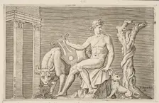 Apollo tending the flocks of Admetus, Apollo seated holding a lyre and flanked by a..., ca. 1515-27. Creator: Marco Dente