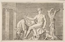 Apollo tending the flocks of Admetus, Apollo seated holding a lyre and flanked by a..., ca. 1515-27. Creator: Marco Dente