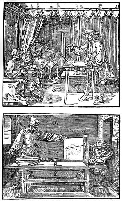 'Apparatus for translating three-dimensional objects into two-dimensional drawings', 1525, (1936). Artist: Albrecht Dürer