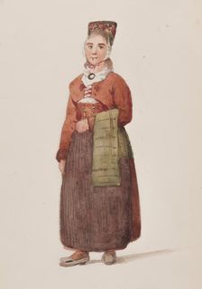 Apparel - Woman from the front in full figure, Häverö suit, 1830-1868. Creator: Josef Magnus Shore