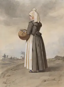 Apparel - woman in costume in full-length oblique view from behind in landscape, 1810-1857. Creator: Otto Wallgren