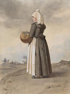 Apparel - woman in costume in full-length oblique view from behind in landscape, 1810-1857. Creator: Otto Wallgren