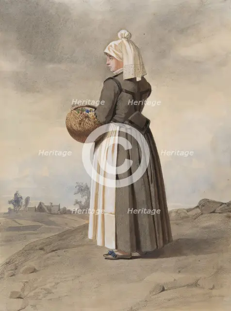 Apparel - woman in costume in full-length oblique view from behind in landscape, 1810-1857.  Creator: Otto Wallgren.