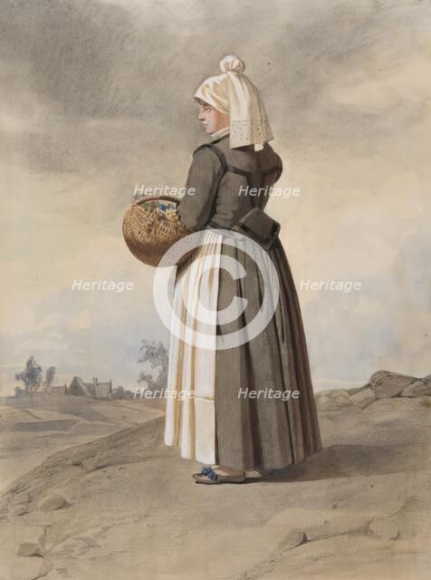 Apparel - woman in costume in full-length oblique view from behind in landscape, 1810-1857.  Creator: Otto Wallgren.